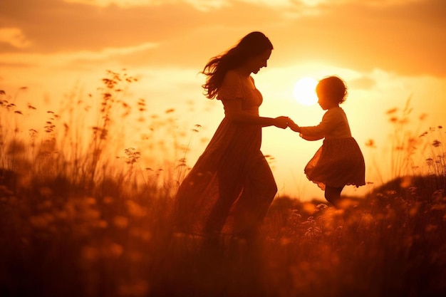una madre e una figlia stanno camminando in un campo con il sole dietro di loro