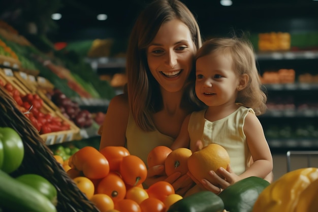 Una madre e una figlia tengono in mano un cesto di frutta e verdura.