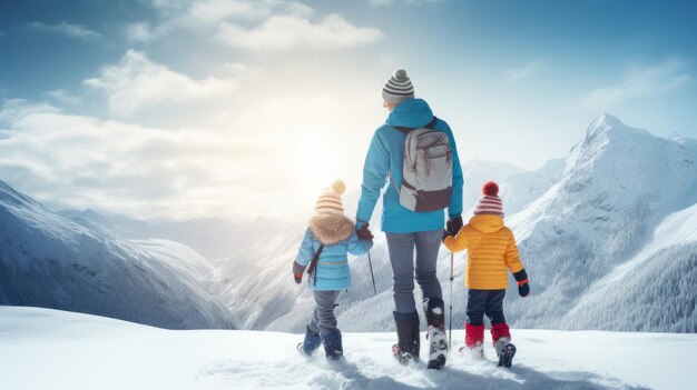 Una madre felice con due figli cammina lungo le montagne innevate con un bellissimo paesaggio su uno sci