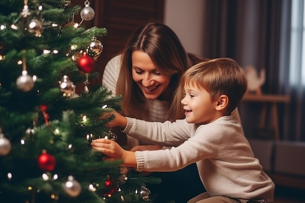 Una madre felice e il suo giovane figlio decorano un albero di Natale Celebrando il Natale e il Capodanno