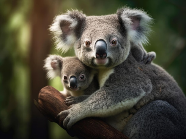 Una madre koala con il suo bambino nella foresta