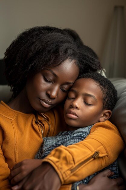 Una madre nera abbraccia il suo affascinante figlio in un abbraccio amorevole su un divano condividendo un tenero momento di connessione.