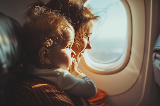 Una madre orgogliosa che si prende cura di suo figlio sull'aereo il bambino irriconoscibile sta guardando attraverso la finestra