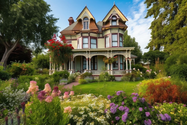 Una maestosa casa vittoriana con giardini colorati e fiori che sbocciano