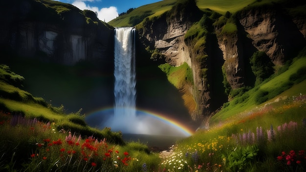 Una maestosa cascata che scende in cascata da una scogliera rocciosa circondata da lussureggiante verde e da un arcobaleno di selvaggina