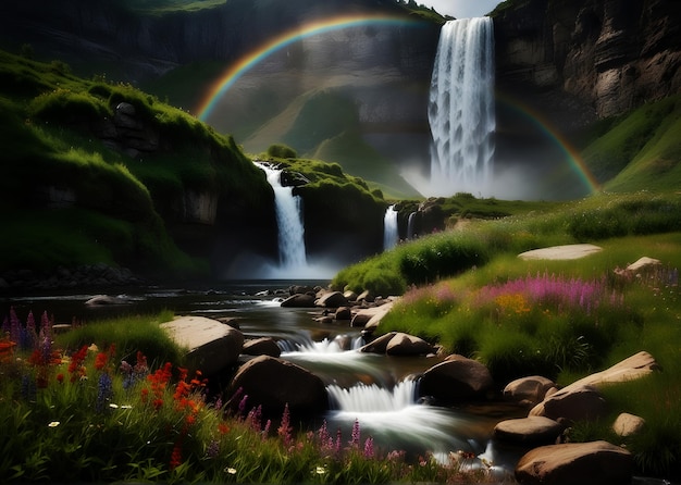 Una maestosa cascata che scende in cascata da una scogliera rocciosa circondata da lussureggiante verde e da un arcobaleno di selvaggina