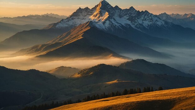 Una maestosa catena montuosa che si estende all'orizzonte le sue cime baciate dalla luce dorata del sole