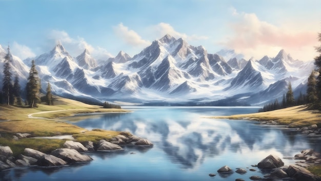 Una maestosa catena montuosa con cime innevate e un lago tranquillo in primo piano