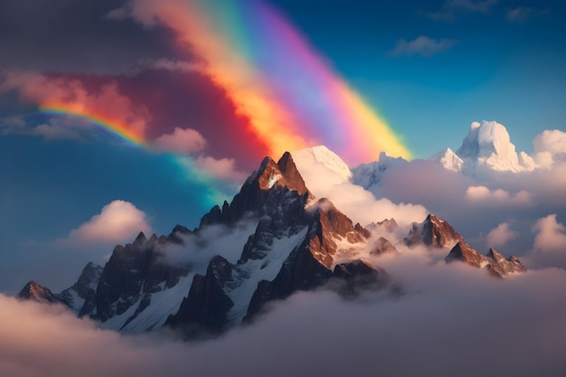 Una maestosa cima di montagna che si elevava sopra le nuvole con un arcobaleno di colori nel cielo generò Ai