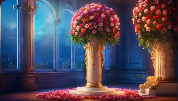 Una maestosa colonna adornata da un vibrante bouquet di rose in piedi alto dettagliato realistico