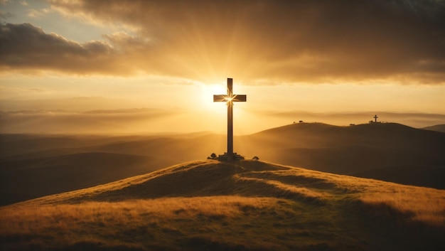 Una maestosa croce cristiana che si erge in cima ad una collina illuminata da una brillante luce dorata