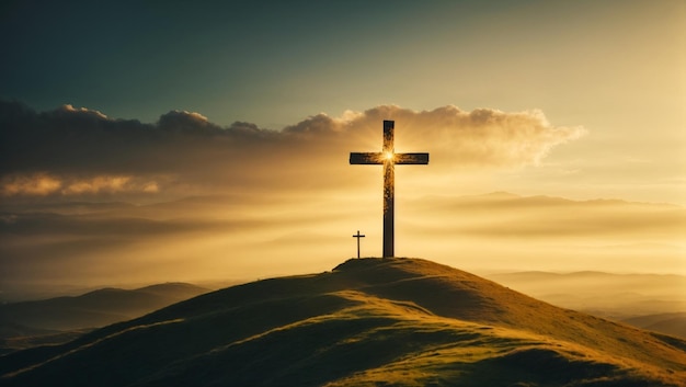 Una maestosa croce cristiana che si erge in cima ad una collina illuminata da una brillante luce dorata