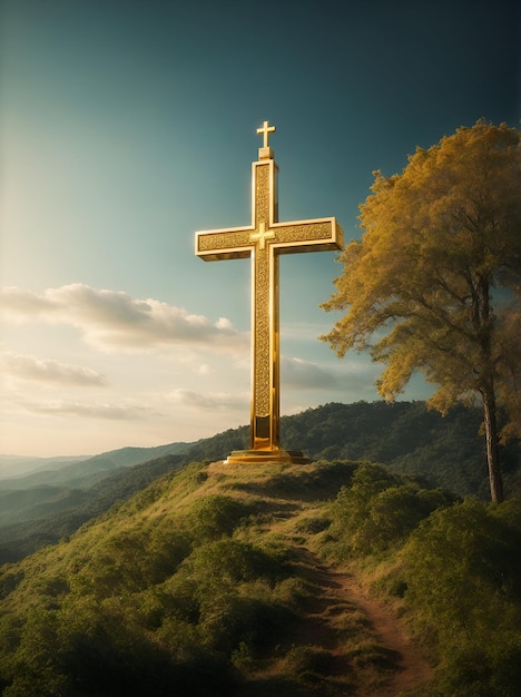 Una maestosa croce cristiana realizzata in oro scintillante in cima a una collina circondata da una foresta lussureggiante