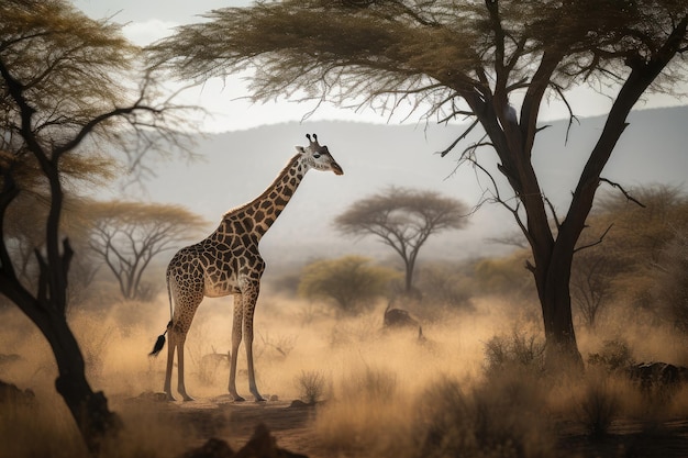 Una maestosa giraffa cammina attraverso la savana africana generativa IA