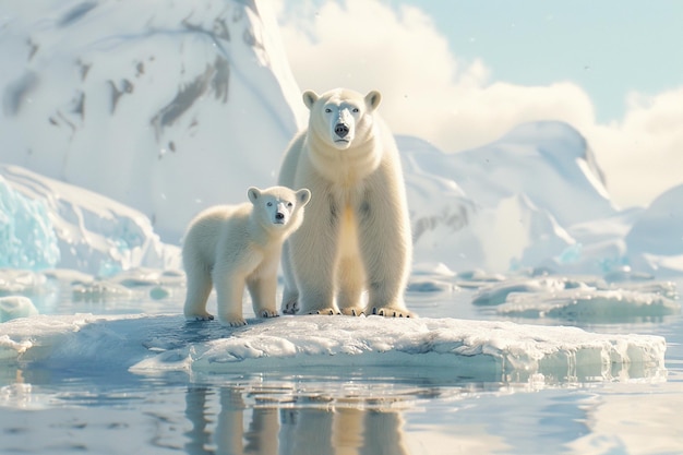 Una maestosa madre orso polare e il suo cucciolo su un ghiaccio galleggiante