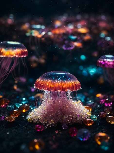 Una maestosa medusa diamante dai colori vibranti che si staglia contro un mare di gioielli scintillanti