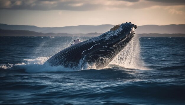 Una maestosa megattera fa breccia schizzando nello spruzzo di mare blu generato dall'intelligenza artificiale