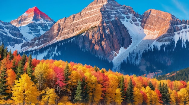 Una maestosa montagna colorata di fronte a alberi colorati