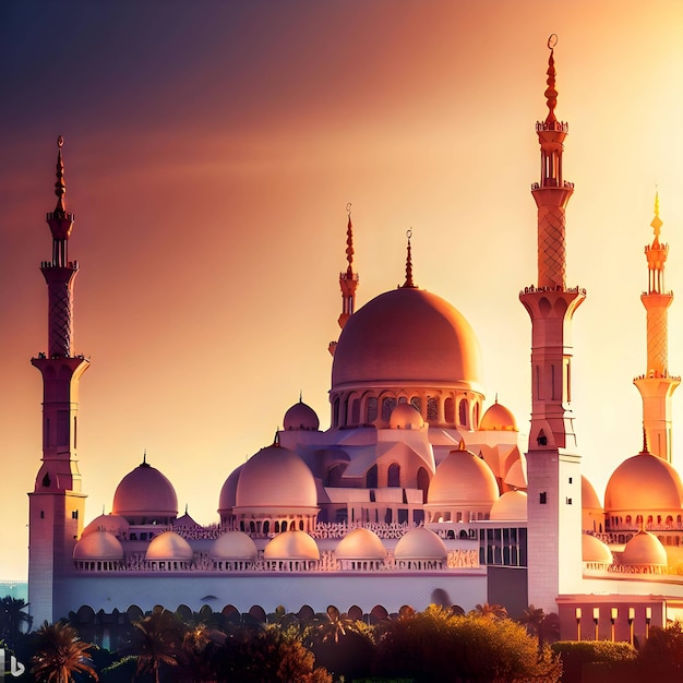 Una maestosa moschea con le sue intricate cupole e minareti illuminati dal sole al tramonto