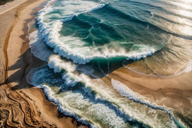 Una maestosa onda dell'oceano che si schianta contro la sabbia dorata di una spiaggia assolata vista dall'alto verso il basso