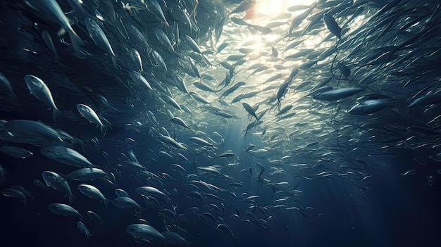 Una maestosa ripresa subacquea cattura lo spettacolo maestoso di un enorme banco di pesci che vorticano e sciamano in perfetta armonia sotto le onde Generato dall'IA