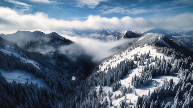 Una maestosa veduta aerea di montagne innevate e dolci colline ricoperte da soffici nuvole bianche