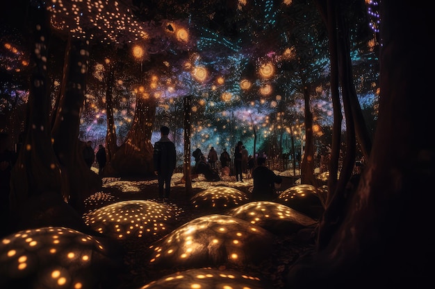Una magica foresta natalizia piena di luci scintillanti e ornamenti scintillanti