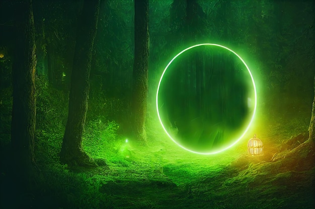 Una magica foresta verde densa fantastica Un portale blu è visibile tra gli alberi Favolosa illustrazione 3d illustrazione