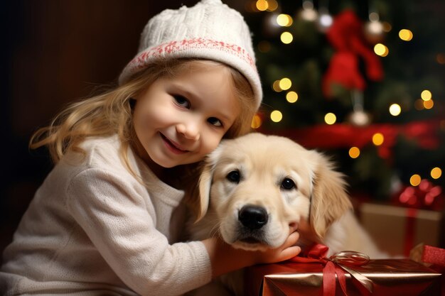 Una magica mattina di Natale mentre un bambino deliziato apre un regalo a sorpresa per un cucciolo