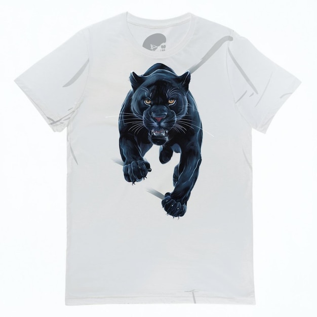 Una maglietta bianca con una foto di un cane nero