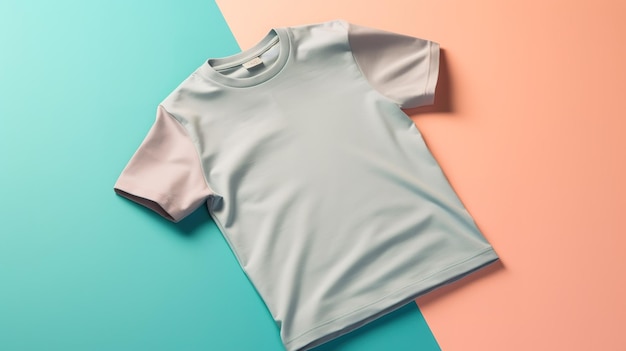 Una maglietta bianca è adagiata su uno sfondo rosa, blu e arancione.