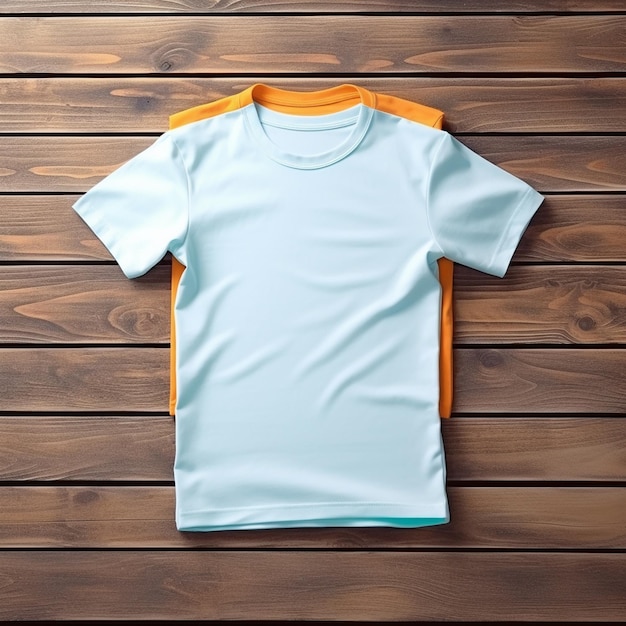 una maglietta blu e bianca con finiture arancioni su uno sfondo di legno.