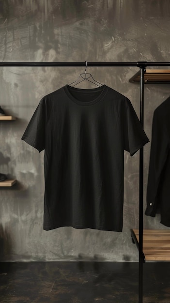 Una maglietta nera appesa a un supporto per i vestiti.