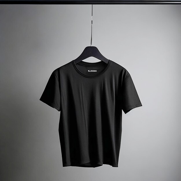 Una maglietta nera è appesa a un appendiabiti con la parola su di essa ai generato