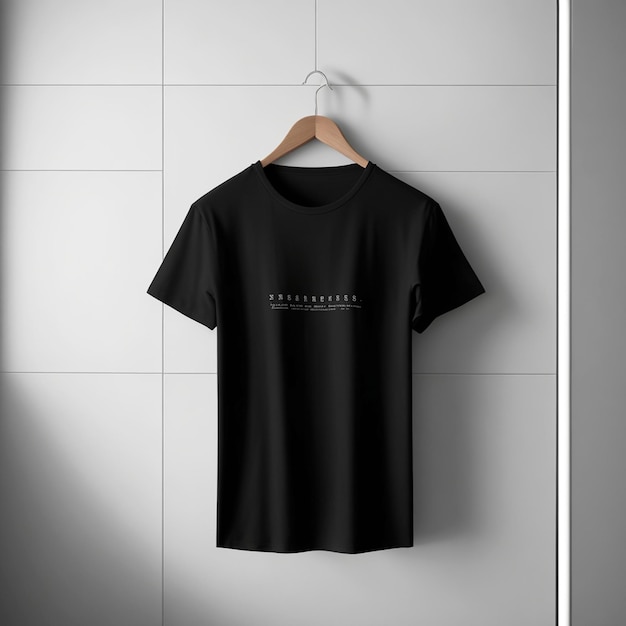 Una maglietta nera è appesa a una gruccia con sfondo scuro