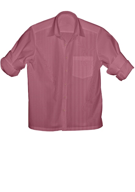Una maglietta rosa con una striscia blu è appesa su uno sfondo bianco.