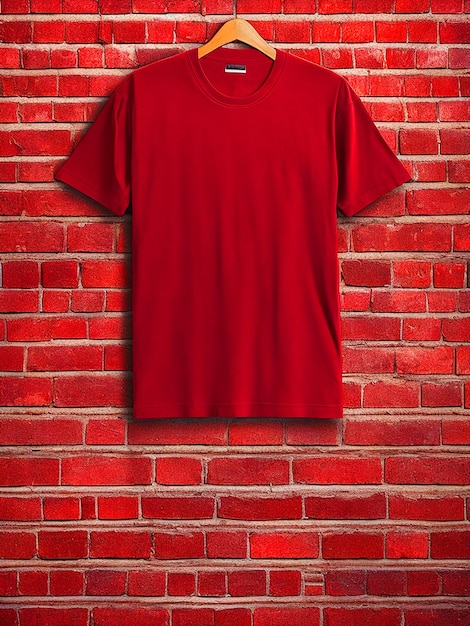 una maglietta rossa a colori semplici con uno sfondo a parete di mattoni