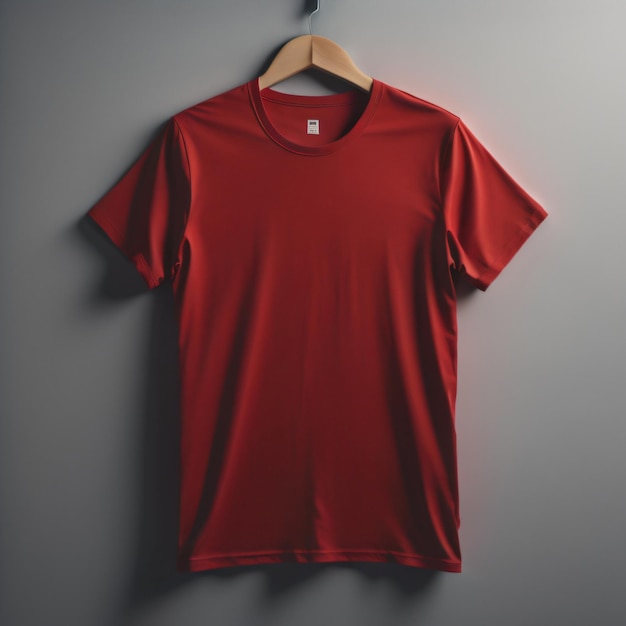 una maglietta rossa appesa a una gruccia con un'etichetta bianca.