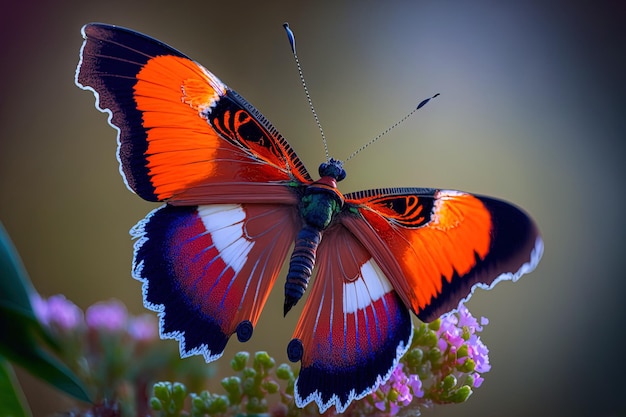 Una magnifica macro sopra la foto di una rara farfalla cardinale che vola