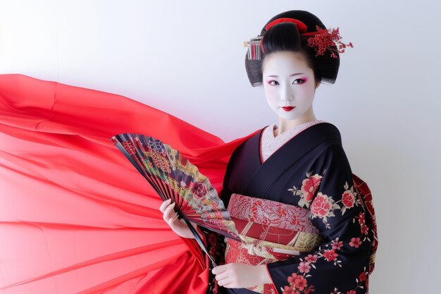 Una maiko giapponese che indossa un kimono nero con motivi floreali rossi e bianchi e un obi rosso
