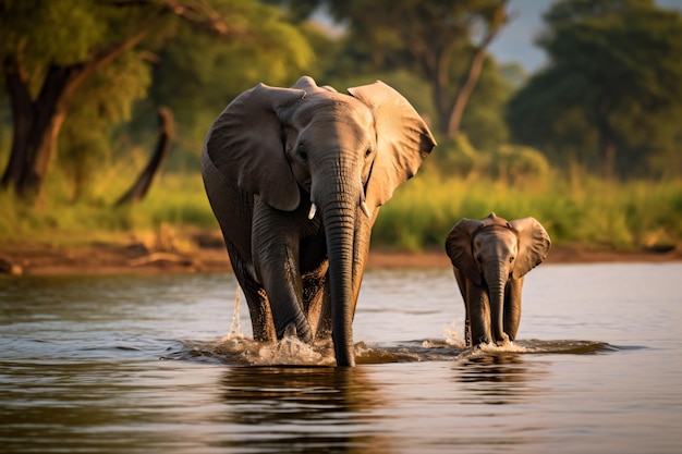 una mamma elefante e il suo bambino che camminano attraverso un fiume
