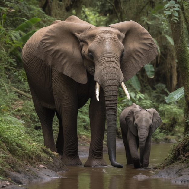 Una mamma elefante e il suo bambino stanno camminando in un ruscello.