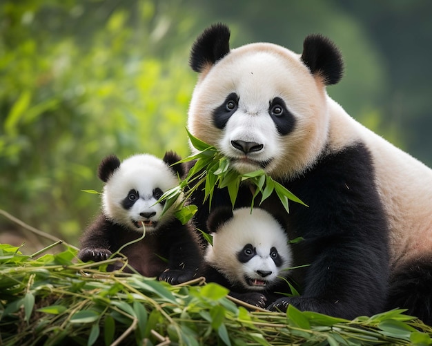 una mamma panda tiene in braccio i suoi cuccioli