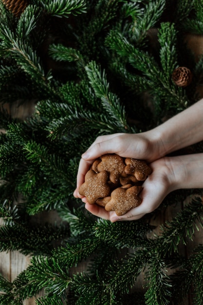 Una manciata di biscotti nelle palme dei bambini sullo sfondo dei rami di abete.