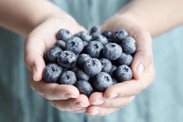 Una manciata di mirtilli, bacche blu fresche in mani femminili