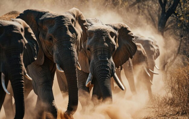 una mandria di elefanti che crea una nuvola di polvere mentre si muovono