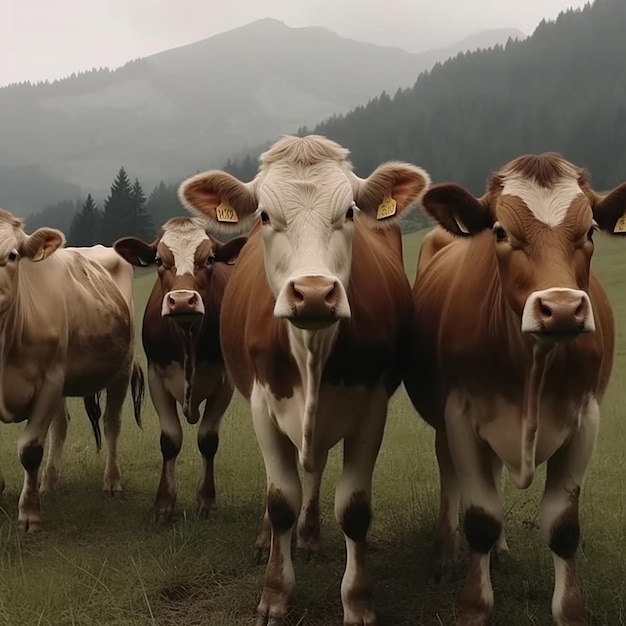 Una mandria di mucche è in piedi in un campo con le montagne sullo sfondo.