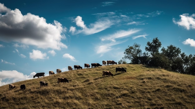 Una mandria di mucche è su una collina sotto un cielo blu.