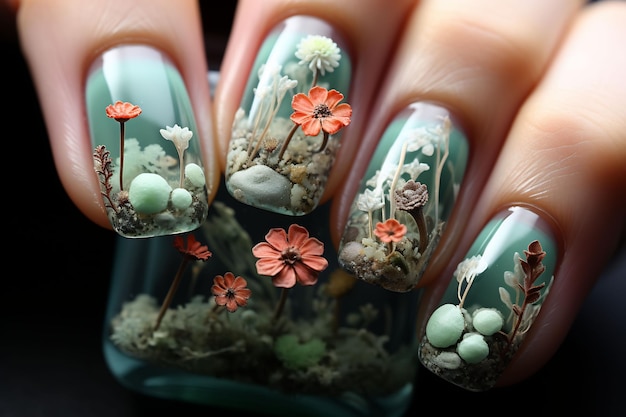 una manicure con fiori e piante