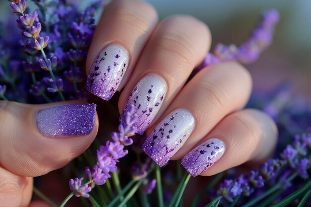 Una manicure professionale con unghie di lavanda viola e bianca e un ramoscello sull'anello